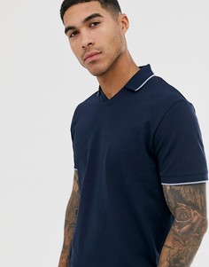 Темно-синяя футболка-поло из пике с контрастной отделкой на воротнике Selected Homme - Темно-синий