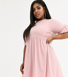 Эксклюзивное светло-розовое свободное платье в рубчик Boohoo Plus - Кремовый