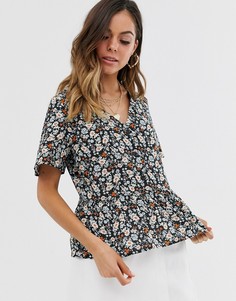 Топ на пуговицах, с баской и цветочным принтом New Look - Черный