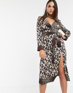 Платье миди с запахом, поясом и звериным принтом Missguided - Мульти