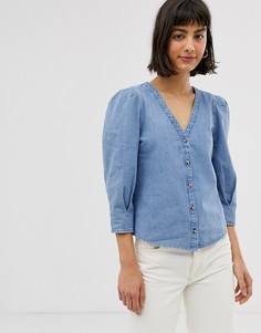 Синяя джинсовая блузка с V-образным вырезом и пышными рукавами Monki - Синий