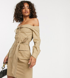 Платье верблюжьего цвета с открытыми плечами и шнуровкой Missguided Tall - Бежевый