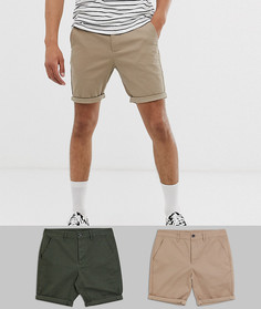 Набор из 2 зауженных шортов чиносов (темный хаки/светло-бежевый) ASOS DESIGN Скидка