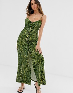 Зеленое платье макси на пуговицах с анималистичным принтом ASOS DESIGN - Мульти