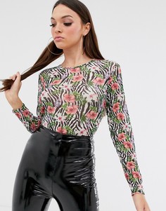 Сетчатое боди с цветочным принтом и принтом зебра Missguided - Мульти