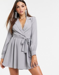 Серое короткое приталенное платье-рубашка с завязкой сбоку Missguided - Серый
