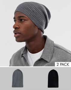 Набор из 2 свободных шапок-бини из переработанного полиэстера серого и черного цвета ASOS DESIGN СКИДКА