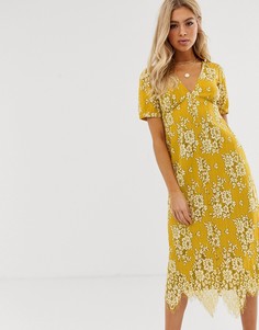 Кружевное чайное платье миди на пуговицах ASOS DESIGN - Желтый