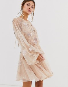 Сетчатое платье с цветочной отделкой и пышными рукавами ASOS EDITION - Розовый