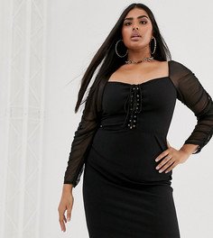 Эксклюзивное черное облегающее платье миди с сетчатыми рукавами и шнуровкой спереди PrettyLittleThing Plus - Черный