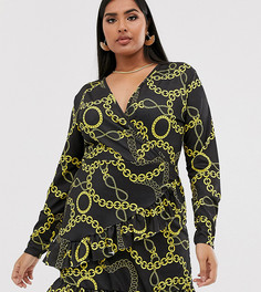 Черное платье мини с запахом и принтом цепочек PrettyLittleThing Plus - Мульти