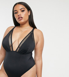 Черный сетчатый слитный купальник с глубоким вырезом ASOS DESIGN curve - Черный