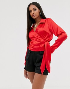 Атласная рубашка с длинными рукавами и запахом ASOS DESIGN - Красный