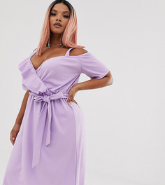 Сиреневое платье миди с открытыми плечами и оборкой эксклюзивно от Boohoo Plus - Фиолетовый