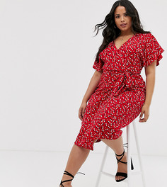 Эксклюзивное красное платье миди с цветочным принтом и поясом Boohoo Plus - Мульти