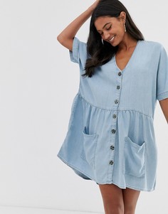 Свободное платье из ткани шамбре на пуговицах River Island - Синий