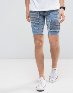 Рваные джинсовые шорты скинни с эффектом кислотной стирки New Look - Синий