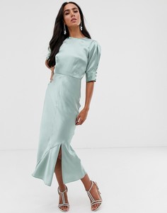 Атласное платье миди с объемными рукавами ASOS DESIGN - Зеленый