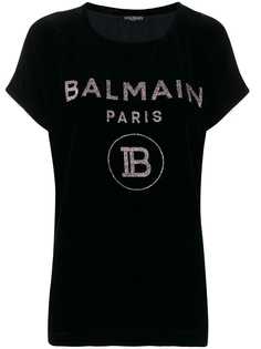 Balmain бархатная футболка с декорированным логотипом