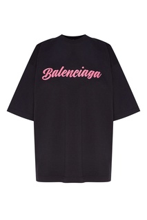 Черная футболка с ярко-розовым логотипом Balenciaga