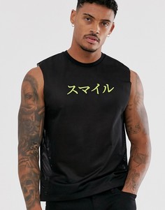 Укороченная сетчатая футболка без рукавов и с объемным принтом ASOS DESIGN - Черный