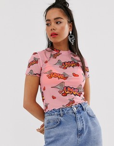 Розовая футболка с принтом Love Bershka - Розовый