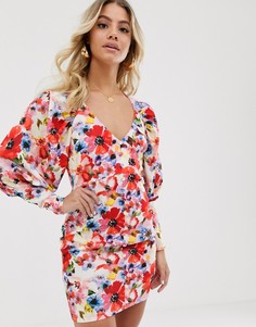 Платье мини на пуговицах с эффектными рукавами и цветочным принтом ASOS DESIGN - Мульти