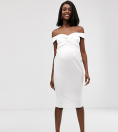Платье миди с открытыми плечами и узлом ASOS DESIGN Maternity baby shower - Белый