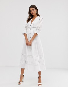 Платье миди на пуговицах и с вышивкой ришелье ASOS DESIGN - Белый