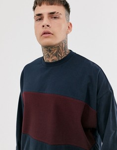 Темно-синий oversize-лонгслив удлиненного кроя с вафельной вставкой ASOS DESIGN - Темно-синий