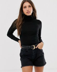 Черный топ из органического материала с высоким воротом в рубчик New Look - Черный