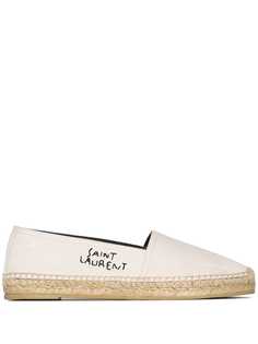 Saint Laurent White Logo Flat Canvas Leather Espadrilles