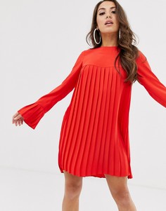 Плиссированное платье-трапеция мини с длинными рукавами ASOS DESIGN - Красный