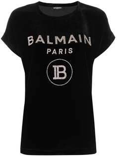 Balmain бархатная футболка с декорированным логотипом