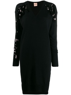 Nude embellished sleeve sweater dress