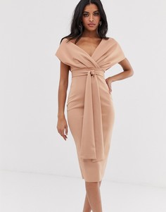 Платье-футляр миди с завязкой и спущенными плечами ASOS DESIGN - Розовый