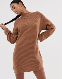 Платье-джемпер в рубчик с высоким воротником Missguided mocha