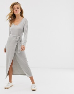 Меланжевое трикотажное платье миди с поясом ASOS DESIGN - Серый