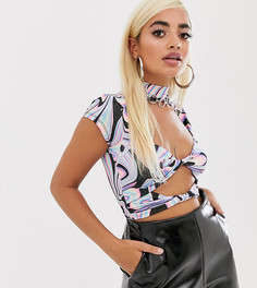 Кроп-топ мраморного цвета с вырезами и короткими рукавами ASOS DESIGN Petite - Мульти