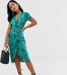 Зеленое платье миди с пышными рукавами и принтом сердец River Island Petite - Зеленый