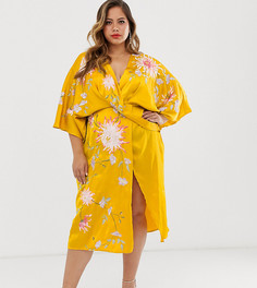 Атласное платье-кимоно миди с цветочной вышивкой ASOS DESIGN Curve - Мульти
