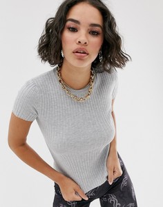 Серый трикотажный топ в рубчик с короткими рукавами Bershka - Серый