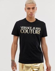 Черная футболка с золотистым логотипом Versace Jeans Couture