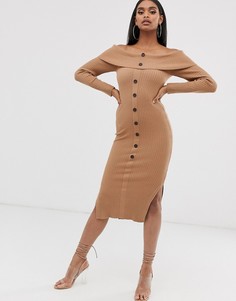 Платье миди с открытыми плечами и пуговицами ASOS DESIGN - Светло-бежевый