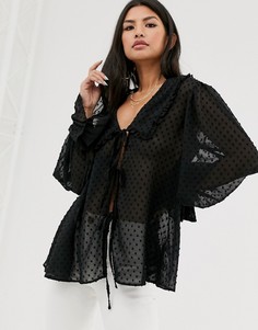 Блузка из ткани добби с длинными рукавами и завязкой спереди ASOS DESIGN - Черный