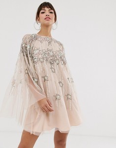 Платье мини с кейпом, отделкой пайетками и жемчугом ASOS DESIGN - Кремовый