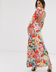 Платье макси со сборками спереди, открытой спиной и цветочным принтом ASOS DESIGN - Мульти