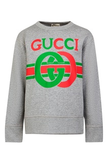 Серый хлопковый джемпер с логотипом Gucci Kids