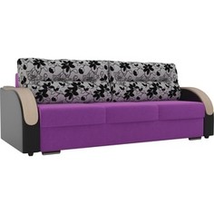 Прямой диван Лига Диванов Дарси микровельвет фиолетовый подлкотники экокожа черные подушки рогожка на флоке