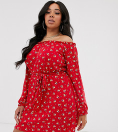 Красное свободное платье с открытыми плечами, длинными рукавами и цветочным принтом Boohoo Plus - Мульти